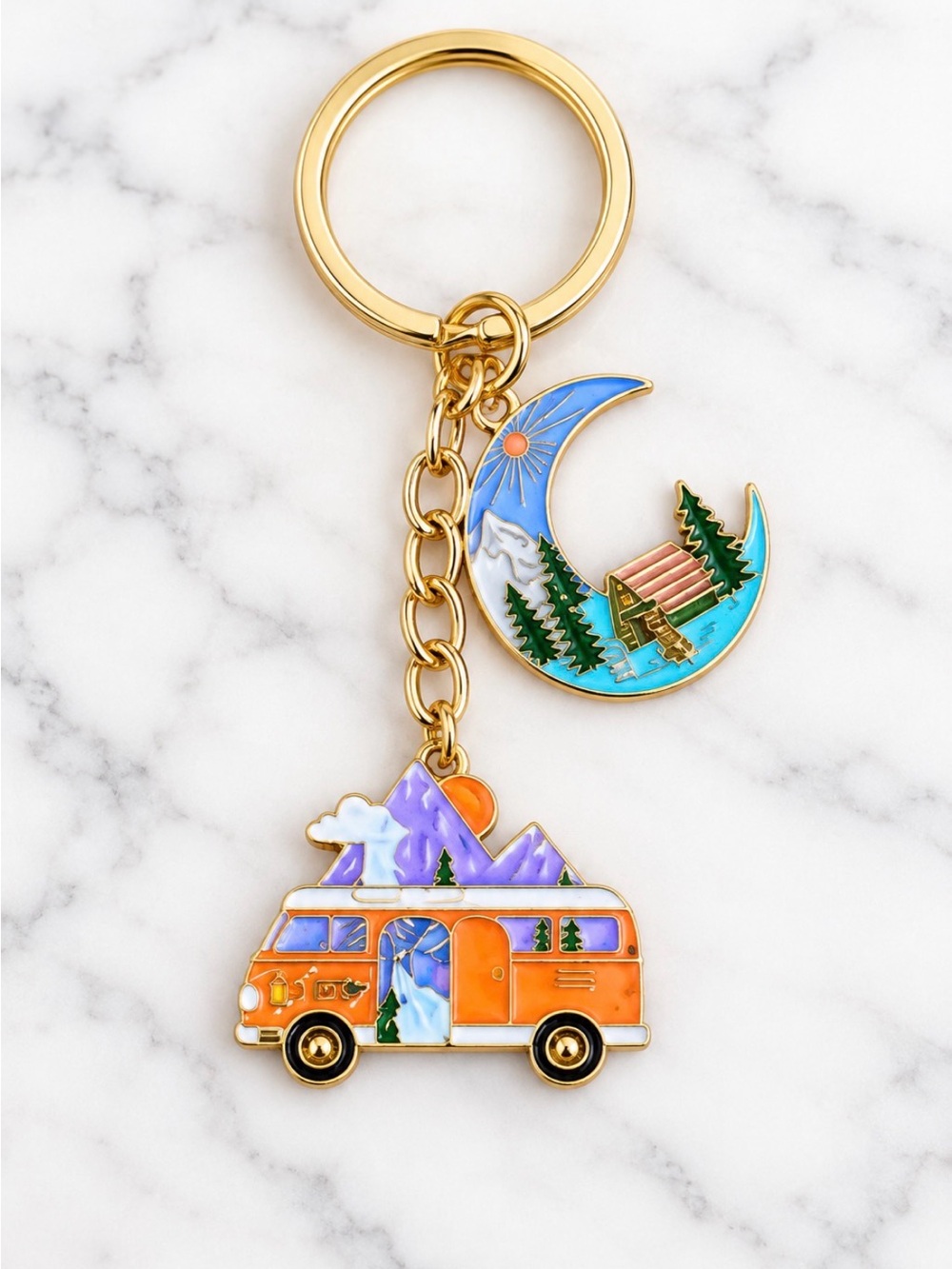 Keyring-Enamel Camping Themed Charms with a camper van and moon